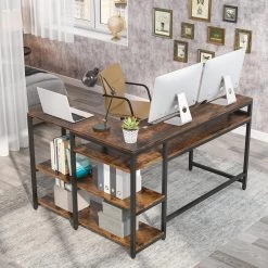 Halseey 55 in. W L-Shaped Brown Corner Computer Desk Writing Studying Reading Desk 2-Tier Storage Shelves Monitor Stand by TRIBESIGNS WAY TO ORIGIN -Deals Glitzhome Store brown tribesigns way to origin computer desks hd jw0052 wzz 4f 1000