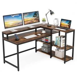 Halseey 55 in. W L-Shaped Brown Corner Computer Desk Writing Studying Reading Desk 2-Tier Storage Shelves Monitor Stand by TRIBESIGNS WAY TO ORIGIN -Deals Glitzhome Store brown tribesigns way to origin computer desks hd jw0052 wzz 66 1000