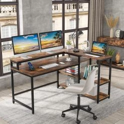 Halseey 55 in. W L-Shaped Brown Corner Computer Desk Writing Studying Reading Desk 2-Tier Storage Shelves Monitor Stand by TRIBESIGNS WAY TO ORIGIN -Deals Glitzhome Store brown tribesigns way to origin computer desks hd jw0052 wzz c3 1000