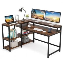 Halseey 55 in. W L-Shaped Brown Corner Computer Desk Writing Studying Reading Desk 2-Tier Storage Shelves Monitor Stand by TRIBESIGNS WAY TO ORIGIN -Deals Glitzhome Store brown tribesigns way to origin computer desks hd jw0052 wzz d4 1000