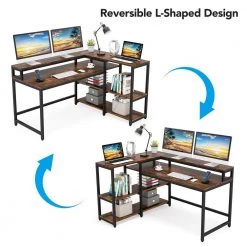 Halseey 55 in. W L-Shaped Brown Corner Computer Desk Writing Studying Reading Desk 2-Tier Storage Shelves Monitor Stand by TRIBESIGNS WAY TO ORIGIN -Deals Glitzhome Store brown tribesigns way to origin computer desks hd jw0052 wzz fa 1000