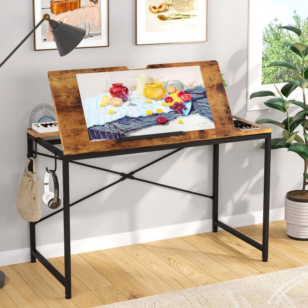 Halseey 39 in. Brown Drafting Table Writing Painting Studying Reading Desk Art Til-table Height Angle 2 Hooks by TRIBESIGNS WAY TO ORIGIN 7 Halseey 39 in. Brown Drafting Table Writing Painting Studying Reading Desk Art Til-table Height Angle 2 Hooks by TRIBESIGNS WAY TO ORIGIN - Image 5