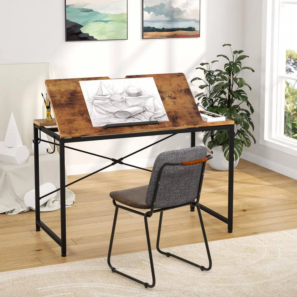 Halseey 39 in. Brown Drafting Table Writing Painting Studying Reading Desk Art Til-table Height Angle 2 Hooks by TRIBESIGNS WAY TO ORIGIN 11 Halseey 39 in. Brown Drafting Table Writing Painting Studying Reading Desk Art Til-table Height Angle 2 Hooks by TRIBESIGNS WAY TO ORIGIN - Image 9