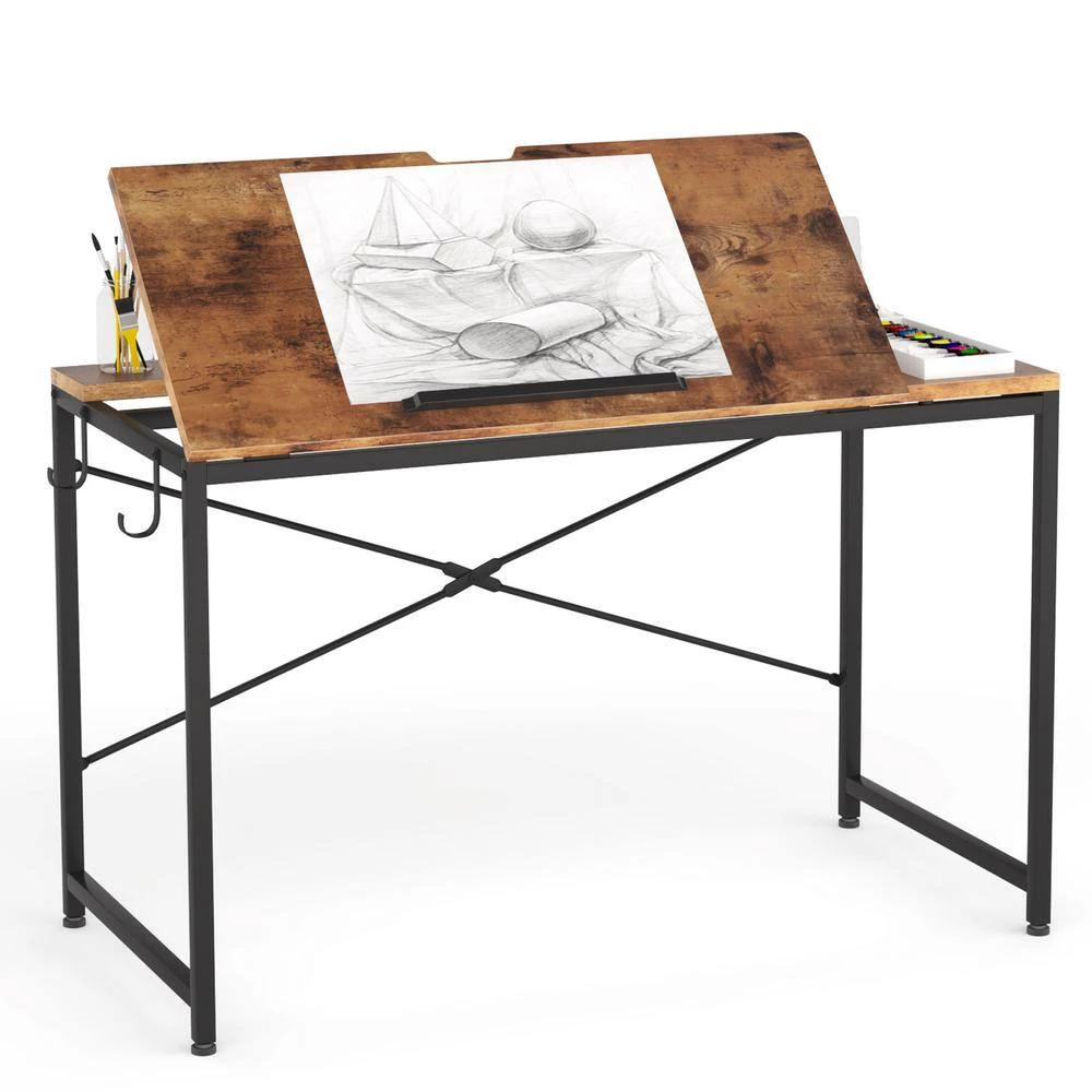 Halseey 39 in. Brown Drafting Table Writing Painting Studying Reading Desk Art Til-table Height Angle 2 Hooks by TRIBESIGNS WAY TO ORIGIN 9 Halseey 39 in. Brown Drafting Table Writing Painting Studying Reading Desk Art Til-table Height Angle 2 Hooks by TRIBESIGNS WAY TO ORIGIN - Image 7