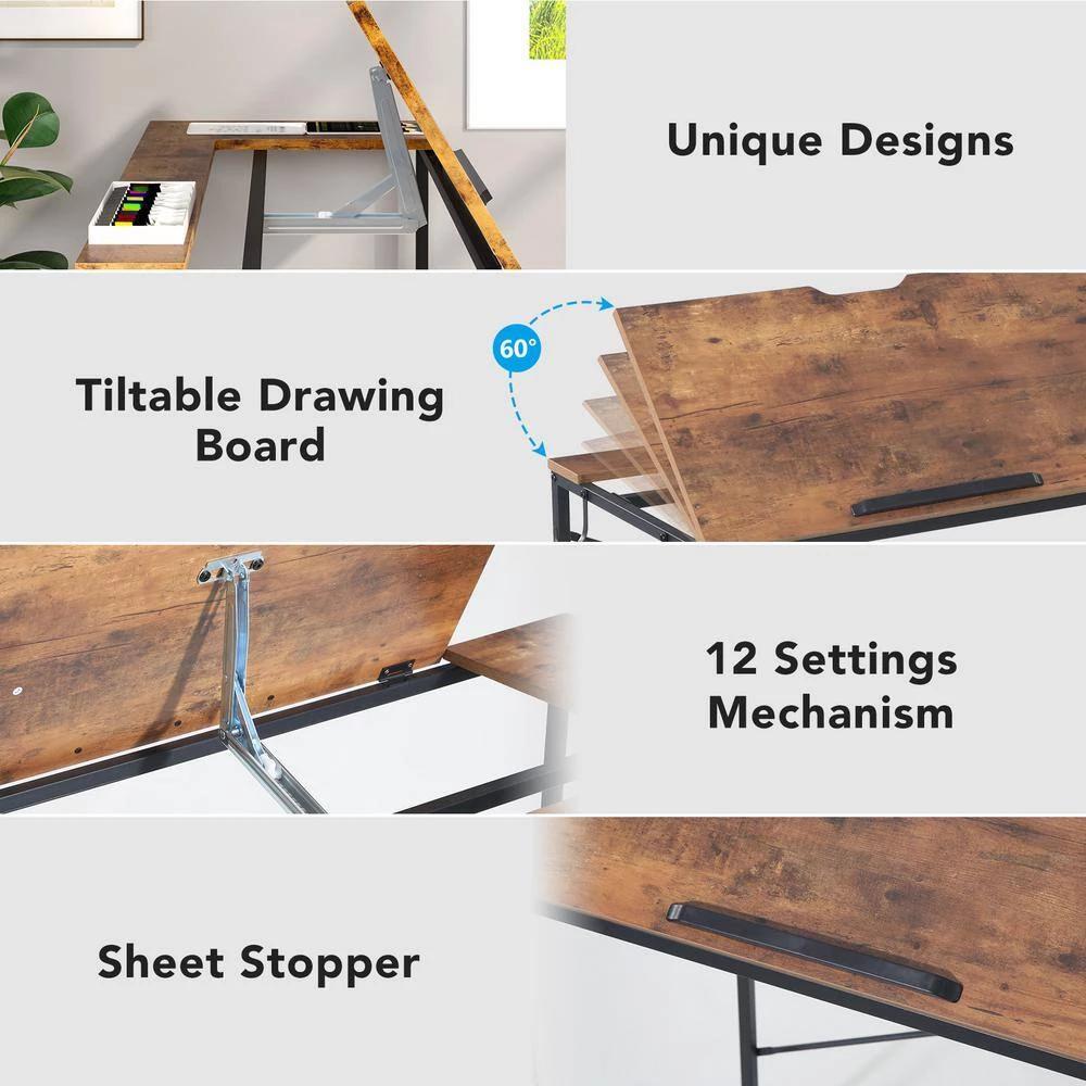 Halseey 39 in. Brown Drafting Table Writing Painting Studying Reading Desk Art Til-table Height Angle 2 Hooks by TRIBESIGNS WAY TO ORIGIN 14 Halseey 39 in. Brown Drafting Table Writing Painting Studying Reading Desk Art Til-table Height Angle 2 Hooks by TRIBESIGNS WAY TO ORIGIN - Image 12