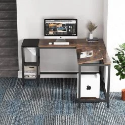 Halseey 59.05 in. L-Shape Black Metal Brown Particle Board Wood Top Corner Computer Desk with Storage Shelf by TRIBESIGNS WAY TO ORIGIN -Deals Glitzhome Store brown tribesigns way to origin computer desks hd jw0222 wzz 1f 1000