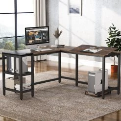 Halseey 59.05 in. L-Shape Black Metal Brown Particle Board Wood Top Corner Computer Desk with Storage Shelf by TRIBESIGNS WAY TO ORIGIN -Deals Glitzhome Store brown tribesigns way to origin computer desks hd jw0222 wzz 31 1000