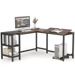 Halseey 59.05 in. L-Shape Black Metal Brown Particle Board Wood Top Corner Computer Desk with Storage Shelf by TRIBESIGNS WAY TO ORIGIN -Deals Glitzhome Store brown tribesigns way to origin computer desks hd jw0222 wzz fa 1000