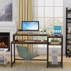 Shanno 55 in. Rectangular Black Metal Brown Particle Board Wood Computer Desk with Storage Shelves and Monitor Stand by TRIBESIGNS WAY TO ORIGIN -Deals Glitzhome Store brown tribesigns way to origin computer desks hd m0094 31 1000