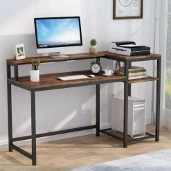 Shanno 55 in. Rectangular Black Metal Brown Particle Board Wood Computer Desk with Storage Shelves and Monitor Stand by TRIBESIGNS WAY TO ORIGIN -Deals Glitzhome Store brown tribesigns way to origin computer desks hd m0094 c3 1000