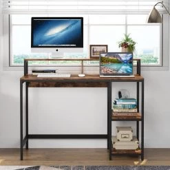 Erl 42 in. Rectangular Black Metal and Walnut Particle Wood Board Computer Desk with Storage Shelves for Home Office by TRIBESIGNS WAY TO ORIGIN -Deals Glitzhome Store brown tribesigns way to origin computer desks hd oftb20bx c3 1000