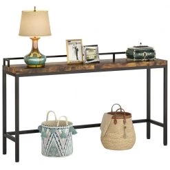 Aspen 70.9 in. Rustic Brown Standard Rectangle Metal Console Table with 100% Solid Pine Wood by TRIBESIGNS WAY TO ORIGIN
