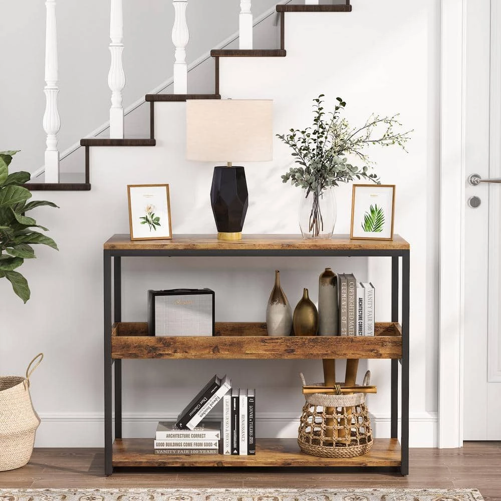 Benjamin 39.37 in. Console Table Wood Vintage Brown Sofa Table Modern Industrial Narrow Long Skinny Hallway Table by TRIBESIGNS WAY TO ORIGIN 7 Benjamin 39.37 in. Console Table Wood Vintage Brown Sofa Table Modern Industrial Narrow Long Skinny Hallway Table by TRIBESIGNS WAY TO ORIGIN - Image 5