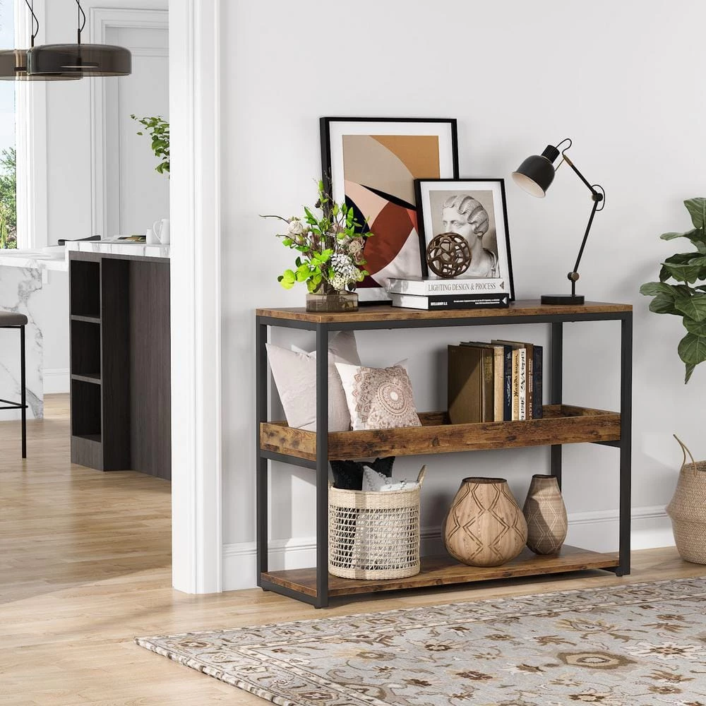 Benjamin 39.37 in. Console Table Wood Vintage Brown Sofa Table Modern Industrial Narrow Long Skinny Hallway Table by TRIBESIGNS WAY TO ORIGIN 4 Benjamin 39.37 in. Console Table Wood Vintage Brown Sofa Table Modern Industrial Narrow Long Skinny Hallway Table by TRIBESIGNS WAY TO ORIGIN - Image 2