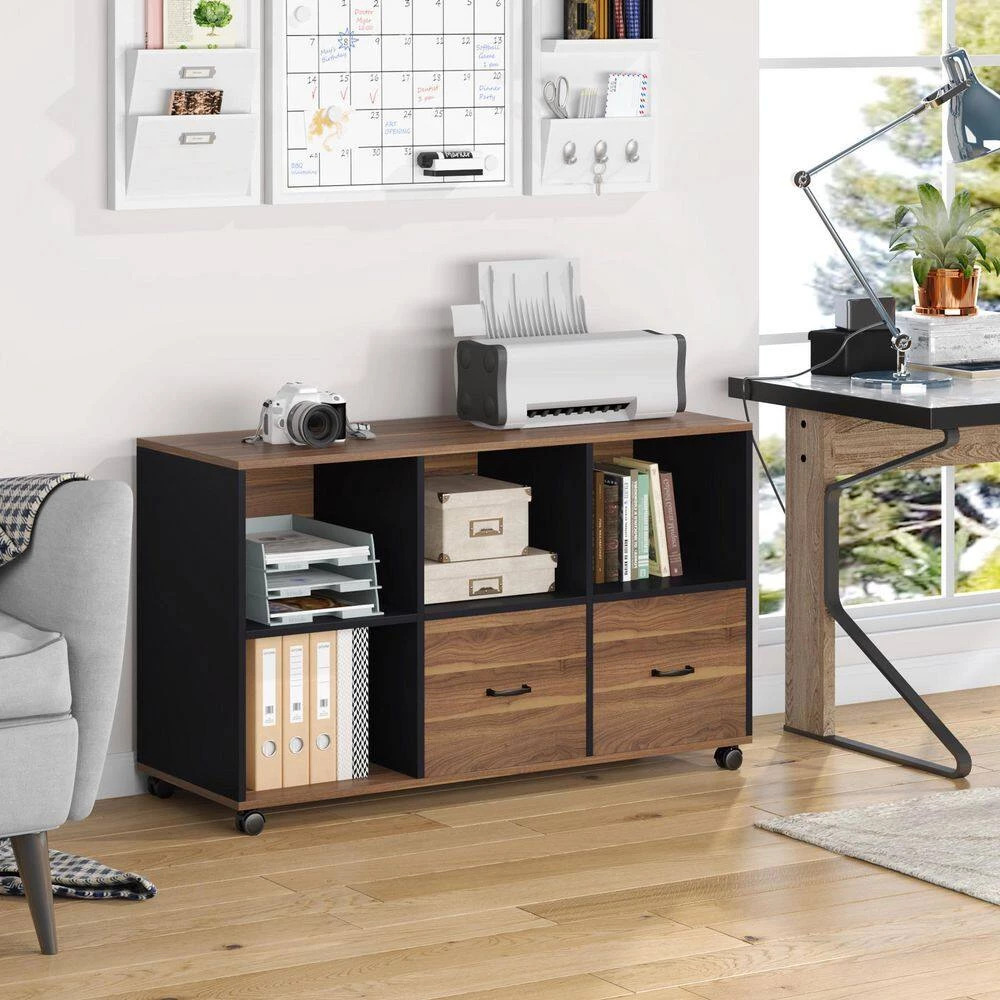 Cindy Brown&Black File Cabinet with Two Drawers, Wooden Rolling Lateral File Cabinet with Open Storage Shelves by TRIBESIGNS WAY TO ORIGIN 9 Cindy Brown&Black File Cabinet with Two Drawers, Wooden Rolling Lateral File Cabinet with Open Storage Shelves by TRIBESIGNS WAY TO ORIGIN - Image 7