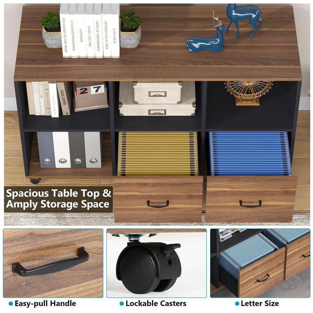 Cindy Brown&Black File Cabinet with Two Drawers, Wooden Rolling Lateral File Cabinet with Open Storage Shelves by TRIBESIGNS WAY TO ORIGIN 6 Cindy Brown&Black File Cabinet with Two Drawers, Wooden Rolling Lateral File Cabinet with Open Storage Shelves by TRIBESIGNS WAY TO ORIGIN - Image 4