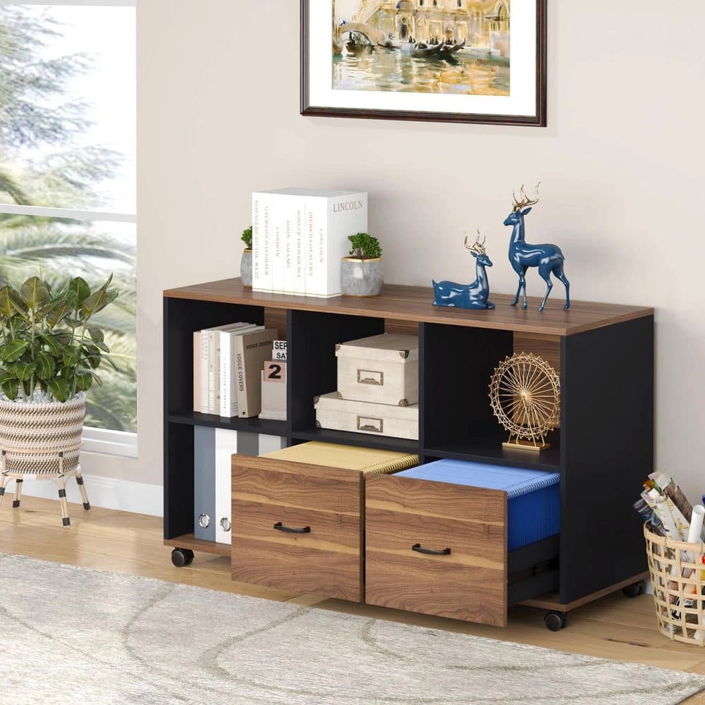 Cindy Brown&Black File Cabinet with Two Drawers, Wooden Rolling Lateral File Cabinet with Open Storage Shelves by TRIBESIGNS WAY TO ORIGIN 4 Cindy Brown&Black File Cabinet with Two Drawers, Wooden Rolling Lateral File Cabinet with Open Storage Shelves by TRIBESIGNS WAY TO ORIGIN - Image 2