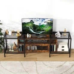 Tabor 74.8 in. Industrial Brown TV Stand with Storage Cube Fits TV's up to 85 in. with Metal Mesh Shelves by TRIBESIGNS WAY TO ORIGIN -Deals Glitzhome Store brown tribesigns way to origin tv stands hd jw0238 wzz 1f 1000