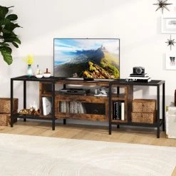 Tabor 74.8 in. Industrial Brown TV Stand with Storage Cube Fits TV's up to 85 in. with Metal Mesh Shelves by TRIBESIGNS WAY TO ORIGIN -Deals Glitzhome Store brown tribesigns way to origin tv stands hd jw0238 wzz 4f 1000