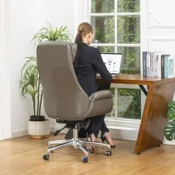 Mid-Century Modern Brownish Grey Leatherette Adjustable Swivel High Back Office Chair by Glitzhome -Deals Glitzhome Store brownish grey glitzhome executive chairs 2001100001 76 1000