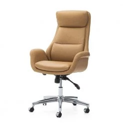 Camel Brown Mid-Century Modern Leatherette Gaslift Adjustable Swivel Office Chair by Glitzhome