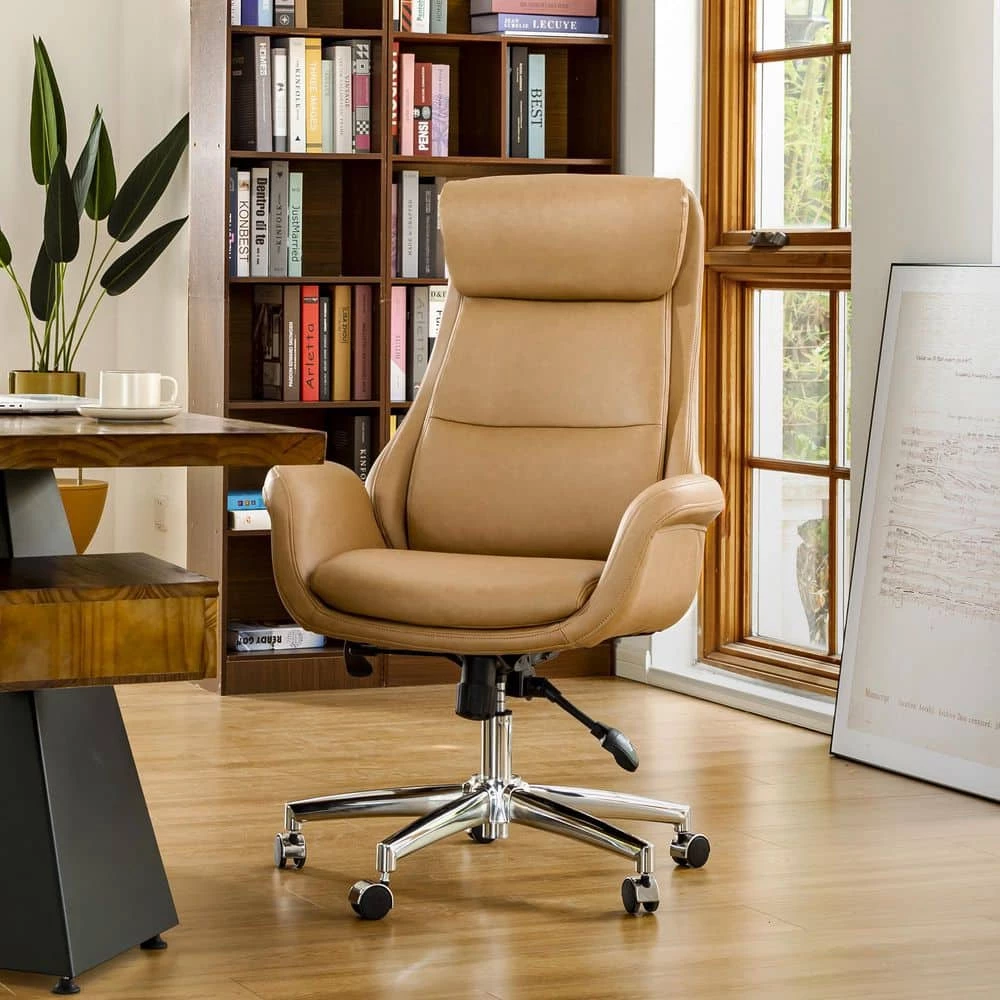 Camel Brown Mid-Century Modern Leatherette Gaslift Adjustable Swivel Office Chair by Glitzhome 4 Camel Brown Mid-Century Modern Leatherette Gaslift Adjustable Swivel Office Chair by Glitzhome - Image 2