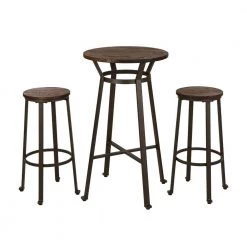 S/3 Coffee Rustic Steel/Elm Wood Pub Set (1 Tabel+2 Stools) by Glitzhome