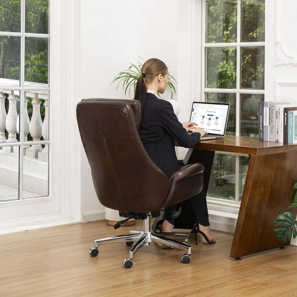 Coffee Mid-Century Modern Bonded Leather Gaslift Adjustable Swivel Office Chair by Glitzhome 11 Coffee Mid-Century Modern Bonded Leather Gaslift Adjustable Swivel Office Chair by Glitzhome - Image 9