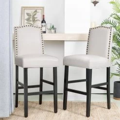 45.00 in. H Cream White Leatherette Barchair with Studded Decoration High Back Black Solid Rubberwood Legs (Set of 4) by Glitzhome -Deals Glitzhome Store cream black glitzhome bar stools 2000700014 31 1000