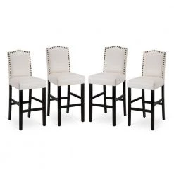 45.00 in. H Cream White Leatherette Barchair with Studded Decoration High Back Black Solid Rubberwood Legs (Set of 4) by Glitzhome