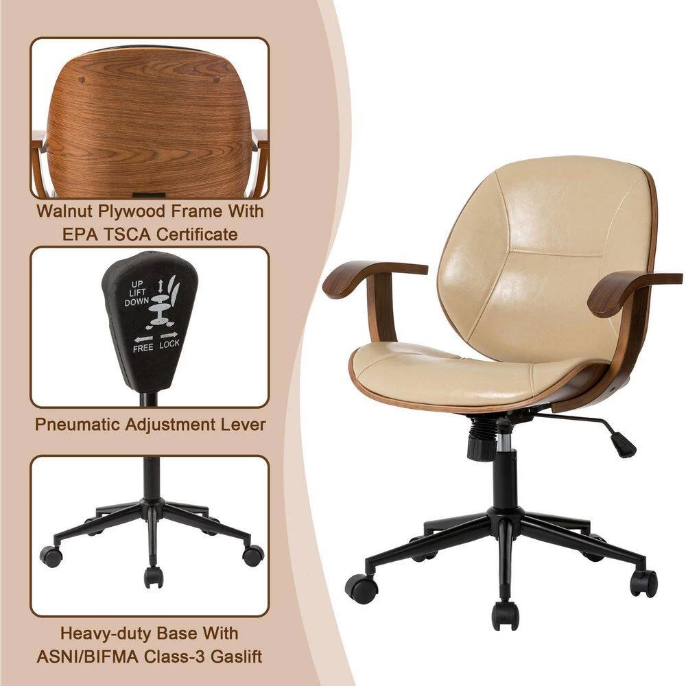 38 in. H Cream PU Leather Adjustable Swivel Desk Chair/Task Chair by Glitzhome 8 38 in. H Cream PU Leather Adjustable Swivel Desk Chair/Task Chair by Glitzhome - Image 6