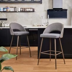 40.25 in. H Dark Grey Low Back Mixing Fabic/Leatherette Bar Stool with Brown Tapered Metal Legs (Set of 2) by Glitzhome -Deals Glitzhome Store dark gray glitzhome bar stools 2000900058 1f 1000
