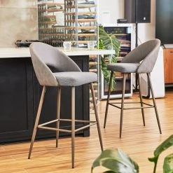 40.25 in. H Dark Grey Low Back Mixing Fabic/Leatherette Bar Stool with Brown Tapered Metal Legs (Set of 2) by Glitzhome -Deals Glitzhome Store dark gray glitzhome bar stools 2000900058 31 1000