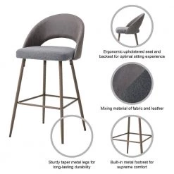 40.25 in. H Dark Grey Low Back Mixing Fabic/Leatherette Bar Stool with Brown Tapered Metal Legs (Set of 2) by Glitzhome -Deals Glitzhome Store dark gray glitzhome bar stools 2000900058 4f 1000