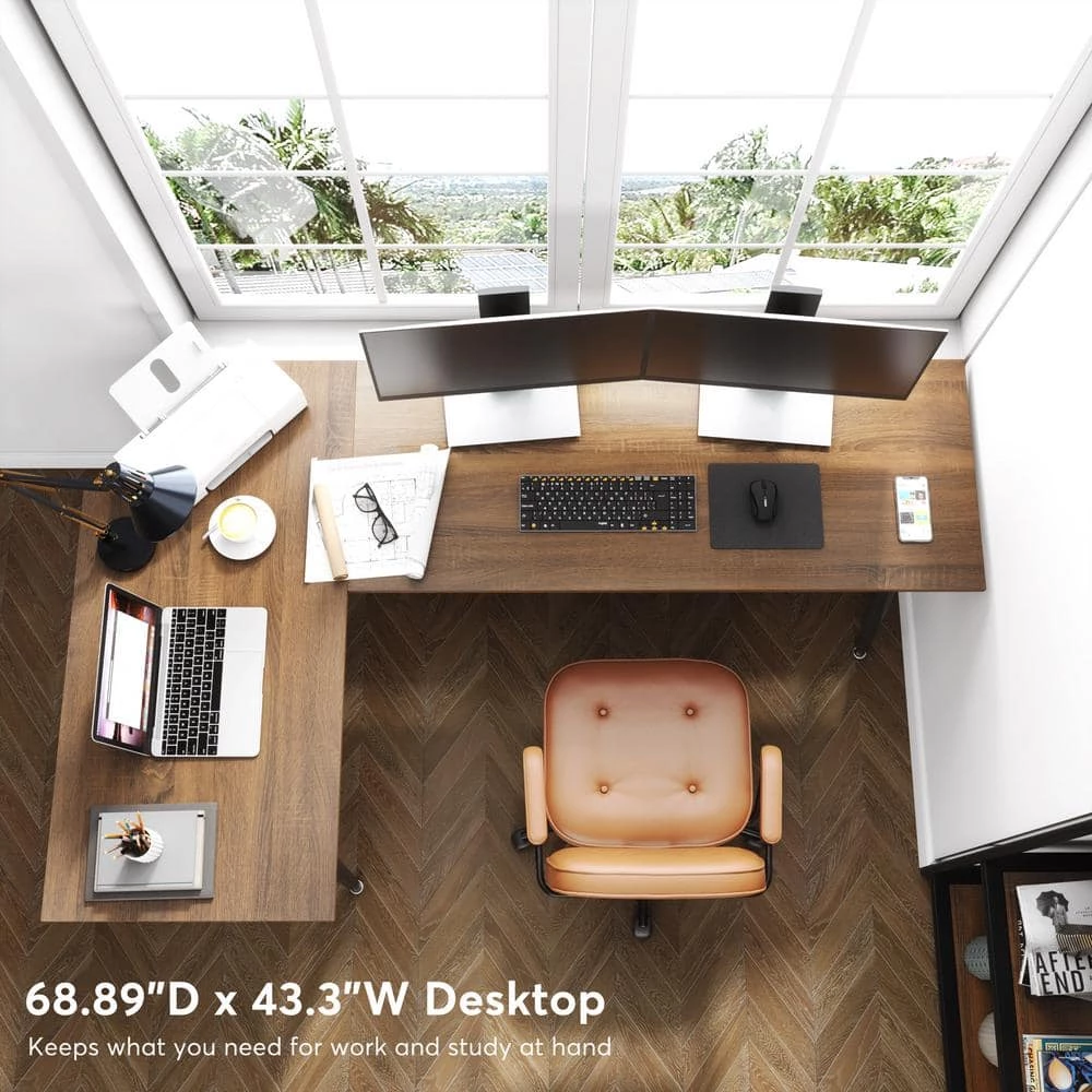 Perry 68.9 in. L-Shaped Dark Walnut Executive Office Desk, Industrial Business Furniture Set with Front Baffle by TRIBESIGNS WAY TO ORIGIN 7 Perry 68.9 in. L-Shaped Dark Walnut Executive Office Desk, Industrial Business Furniture Set with Front Baffle by TRIBESIGNS WAY TO ORIGIN - Image 5