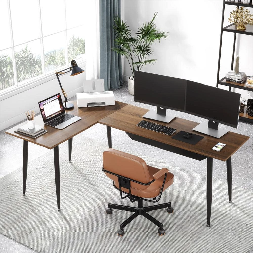 Perry 68.9 in. L-Shaped Dark Walnut Executive Office Desk, Industrial Business Furniture Set with Front Baffle by TRIBESIGNS WAY TO ORIGIN 4 Perry 68.9 in. L-Shaped Dark Walnut Executive Office Desk, Industrial Business Furniture Set with Front Baffle by TRIBESIGNS WAY TO ORIGIN - Image 2