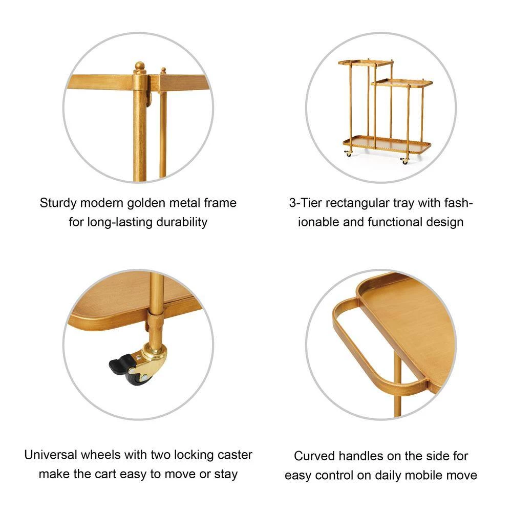 31.00 in. H Golden Deluxe 3-Tier Metal Kitchen Bar Cart by Glitzhome 7 31.00 in. H Golden Deluxe 3-Tier Metal Kitchen Bar Cart by Glitzhome - Image 5