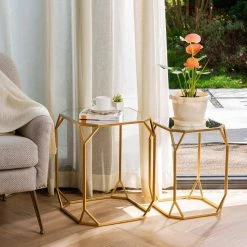 Gold Metal with Glass Accent Table (Set of 2) by Glitzhome