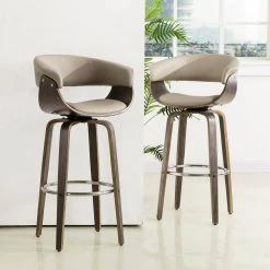 40.5 in. H Mid-Century Modern Gray PU Leather/ Oak bentwood Swivel Chair Low Back Bar Stool (Set of 2) by Glitzhome -Deals Glitzhome Store gray glitzhome bar stools 2000900025 31 1000