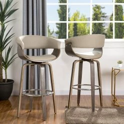 40.5 in. H Mid-Century Modern Gray PU Leather/ Oak bentwood Swivel Chair Low Back Bar Stool (Set of 2) by Glitzhome -Deals Glitzhome Store gray glitzhome bar stools 2000900025 77 1000