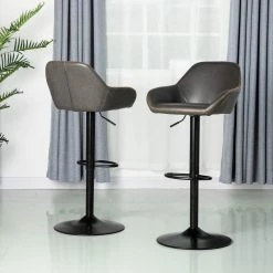 42.72 in. H Gray Mid-Century Modern Leatherette Gaslift Metal Frame Adjustable Swivel Low Back Bar Stool (Set of 2) by Glitzhome