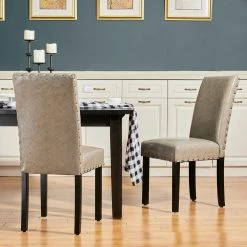 Upholstered Gray PU Dining Side Chair with Studded Decor (Set of 2) by Glitzhome