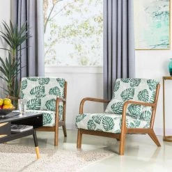 Mid-Century Modern Green Patterned Fabric Accent Armchair with Walnut Ruberwood Frame (Set of 2) by Glitzhome 15 Mid-Century Modern Green Patterned Fabric Accent Armchair with Walnut Ruberwood Frame (Set of 2) by Glitzhome -Deals Glitzhome Store green glitzhome accent chairs 2000700011 31 1000