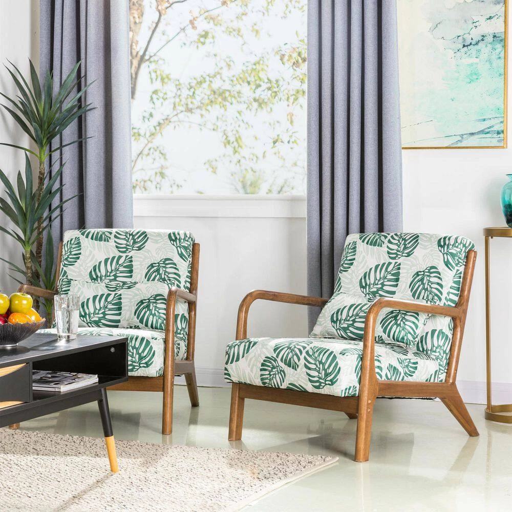 Mid-Century Modern Green Patterned Fabric Accent Armchair with Walnut Ruberwood Frame (Set of 2) by Glitzhome 9 Mid-Century Modern Green Patterned Fabric Accent Armchair with Walnut Ruberwood Frame (Set of 2) by Glitzhome - Image 7