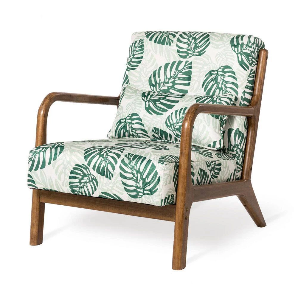 Mid-Century Modern Green Patterned Fabric Accent Armchair with Walnut Ruberwood Frame (Set of 2) by Glitzhome 6 Mid-Century Modern Green Patterned Fabric Accent Armchair with Walnut Ruberwood Frame (Set of 2) by Glitzhome - Image 4