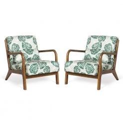 Mid-Century Modern Green Patterned Fabric Accent Armchair with Walnut Ruberwood Frame (Set of 2) by Glitzhome