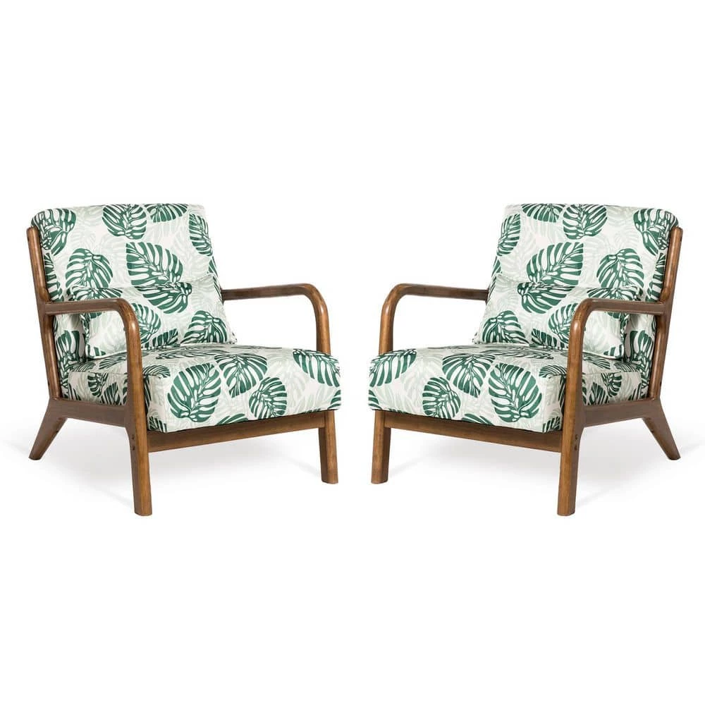 Mid-Century Modern Green Patterned Fabric Accent Armchair with Walnut Ruberwood Frame (Set of 2) by Glitzhome 3 Mid-Century Modern Green Patterned Fabric Accent Armchair with Walnut Ruberwood Frame (Set of 2) by Glitzhome