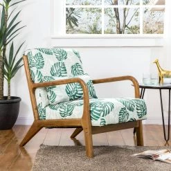 Mid-Century Modern Green Patterned Fabric Accent Armchair with Walnut Ruberwood Frame by Glitzhome