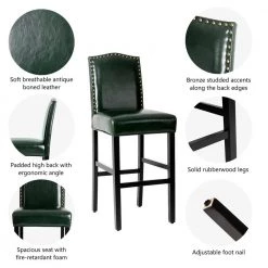 45 in. H Hunter Green High Back Solid Rubberwood Frame Upholstered PU Bar Stool with Studded Decor (Set of 4) by Glitzhome -Deals Glitzhome Store green glitzhome bar stools 2026100002 4f 1000