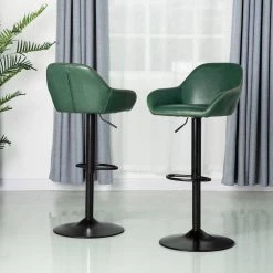 42.72 in. H Green Mid-Century Modern Leatherette Gaslift Metal Frame Adjustable Swivel Low Back Bar Stool (Set of 2) by Glitzhome